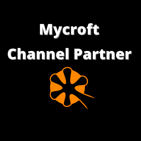 The words Mycroft Channel Partner in white on black, with orange Neon AI logo below