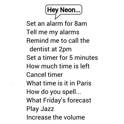"Hey Neon" speech bubble, with examples of commands to Neon AI. 
