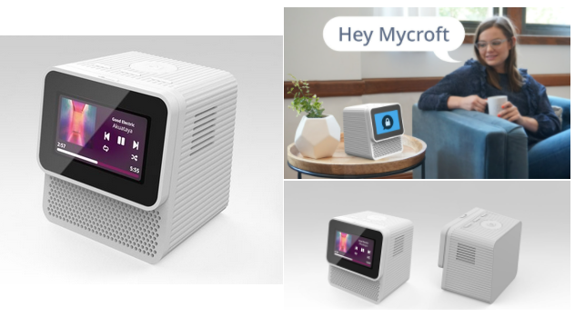 Neon AI Device, front, back, and Mycroft Mark 1 on a side table next to a person