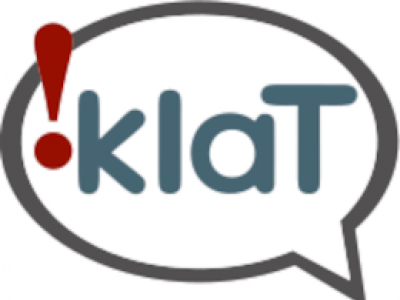 Logo, speech bubble with the word !klaT in it. Red exclamation point, gray bubble outline and blue-gray text on white. 