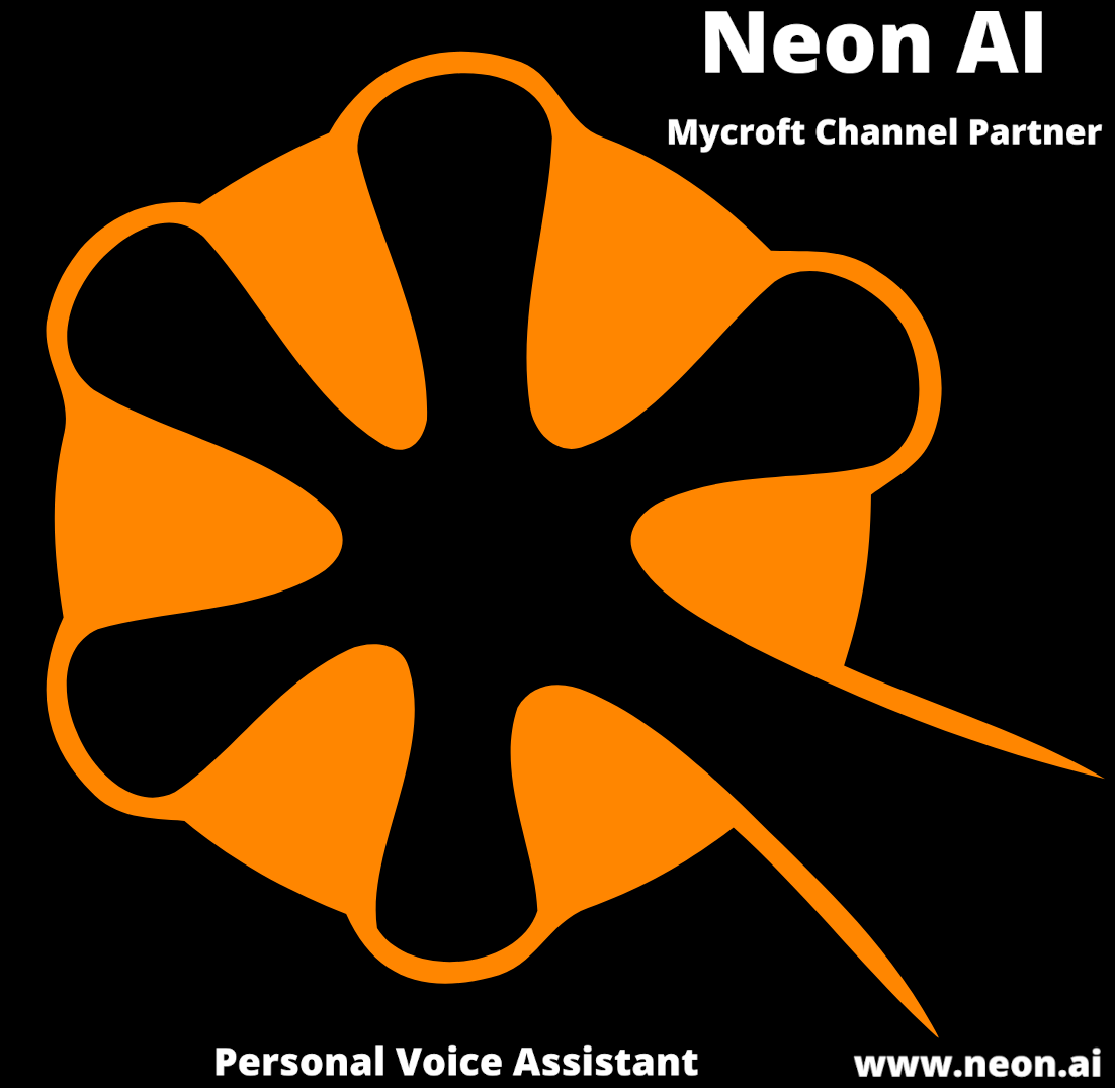 Neon AI Personal Voice Assistant, Mycroft Channel Partner, solid orange gecko hand on black, orange words