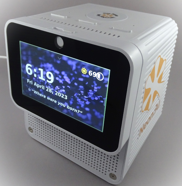 Neon AI operating system running on the Mycroft Mark II device, a small square smartspeaker with screen