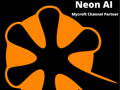 Orange gecko hand logo on black background, text: Neon AI Mycroft channel partner personal voice assistant www.neon.ai